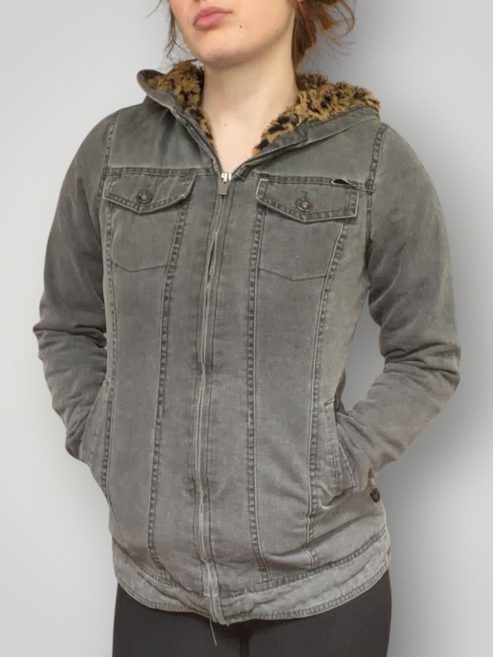 Atticus Women's Gray Hooded Denim Jacket with Animal Print Faux Fur Lining